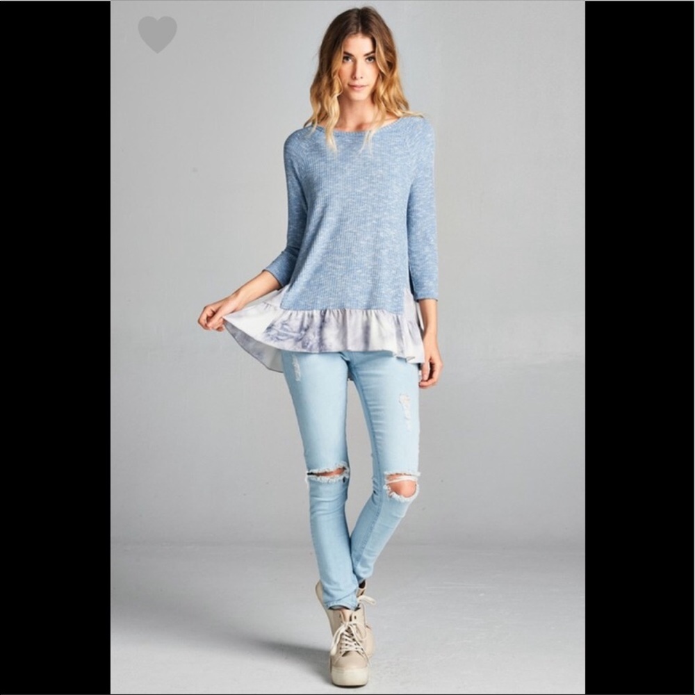 3/4 sleeve rib knit top with ruffle contrast hem - Picture 5 of 7